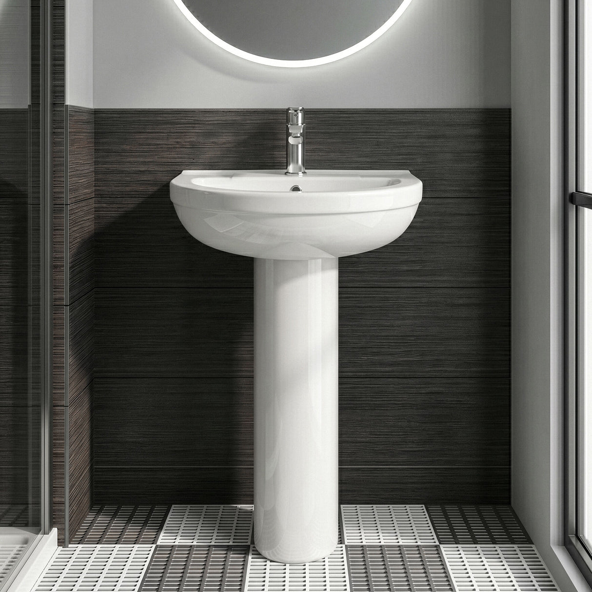 [BCVT002] Churnet Round Ceramic Basin and Pedestal - 1 or 2 Tap Hole - 845 x 555 x 445mm - Silo