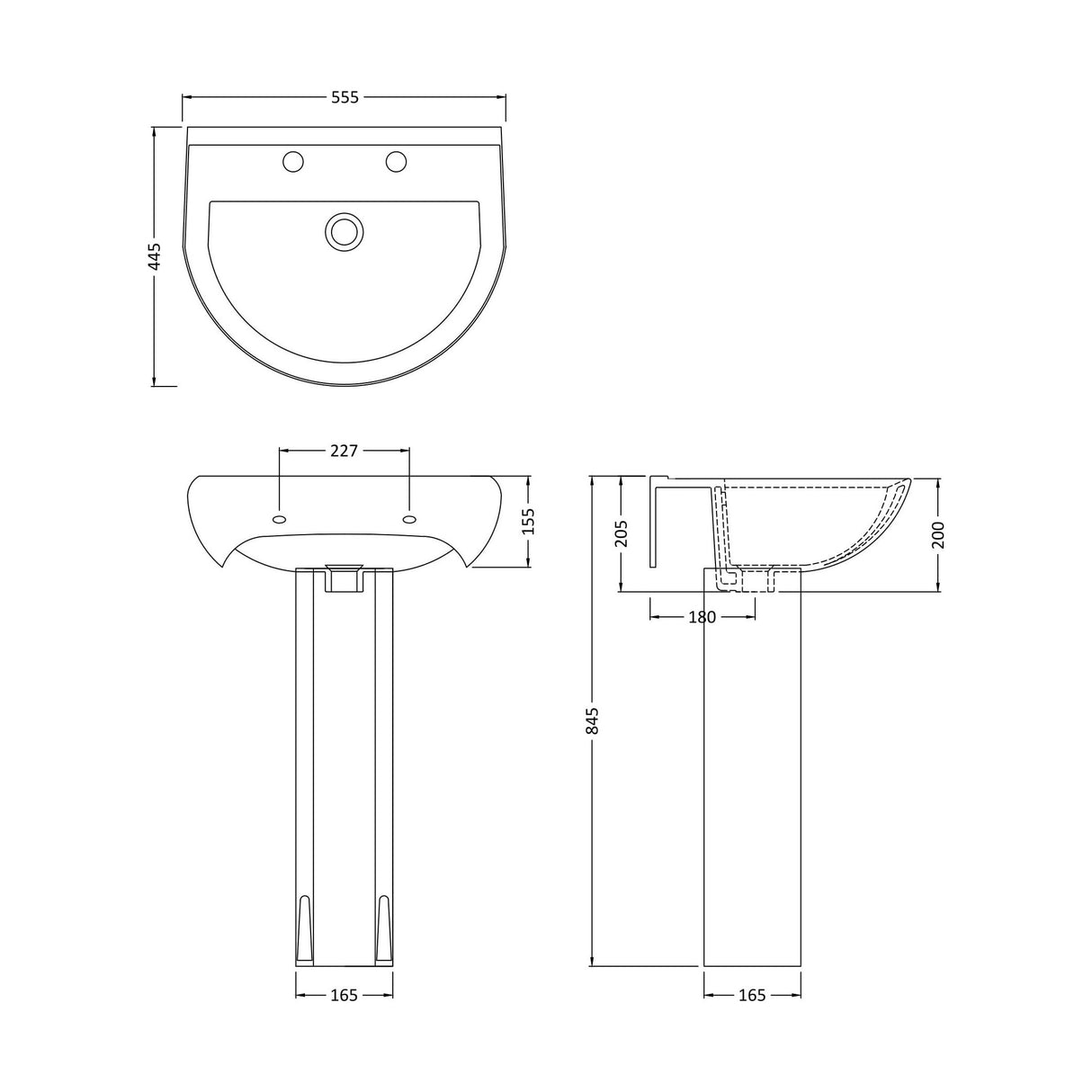 [BCVT003] Churnet Round Ceramic Basin and Pedestal - 1 or 2 Tap Hole - 845 x 555 x 445mm - Technical Drawing