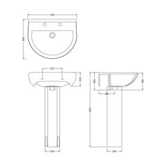 [BCVT003] Churnet Round Ceramic Basin and Pedestal - 1 or 2 Tap Hole - 845 x 555 x 445mm - Technical Drawing