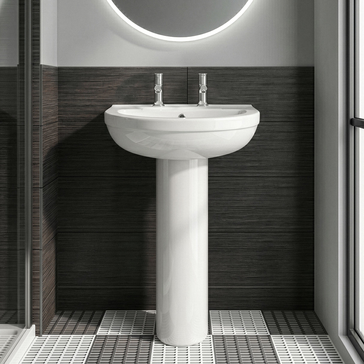 [BCVT003] Churnet Round Ceramic Basin and Pedestal - 1 or 2 Tap Hole - 845 x 555 x 445mm - Silo