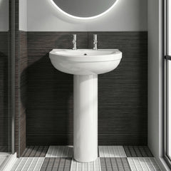 [BCVT003] Churnet Round Ceramic Basin and Pedestal - 1 or 2 Tap Hole - 845 x 555 x 445mm - Silo