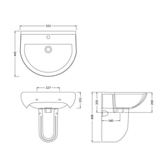 [BCVT004] Churnet Modern White Soft Round Semi Pedestal Bathroom Basin - 1 or 2 Tap Hole (555mm) - Technical Drawing