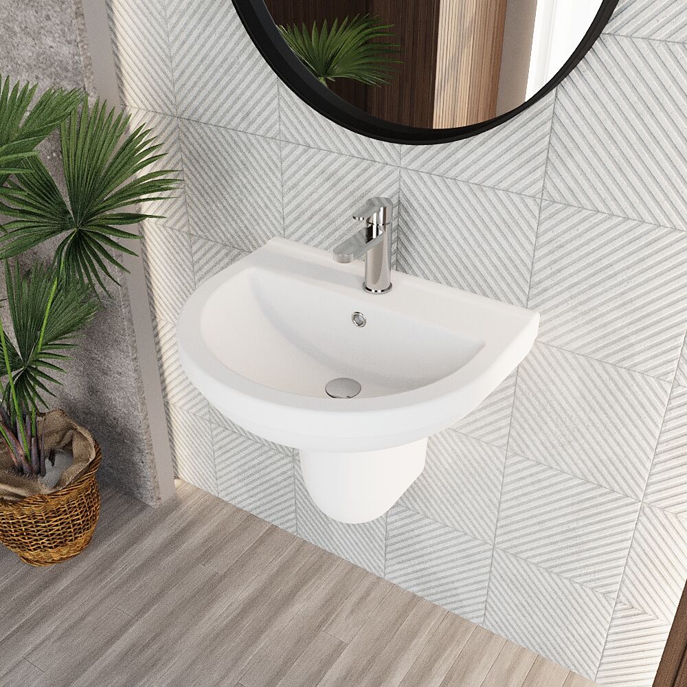 [BCVT004] Churnet Modern White Soft Round Semi Pedestal Bathroom Basin - 1 or 2 Tap Hole (555mm) - Lifestyle 2