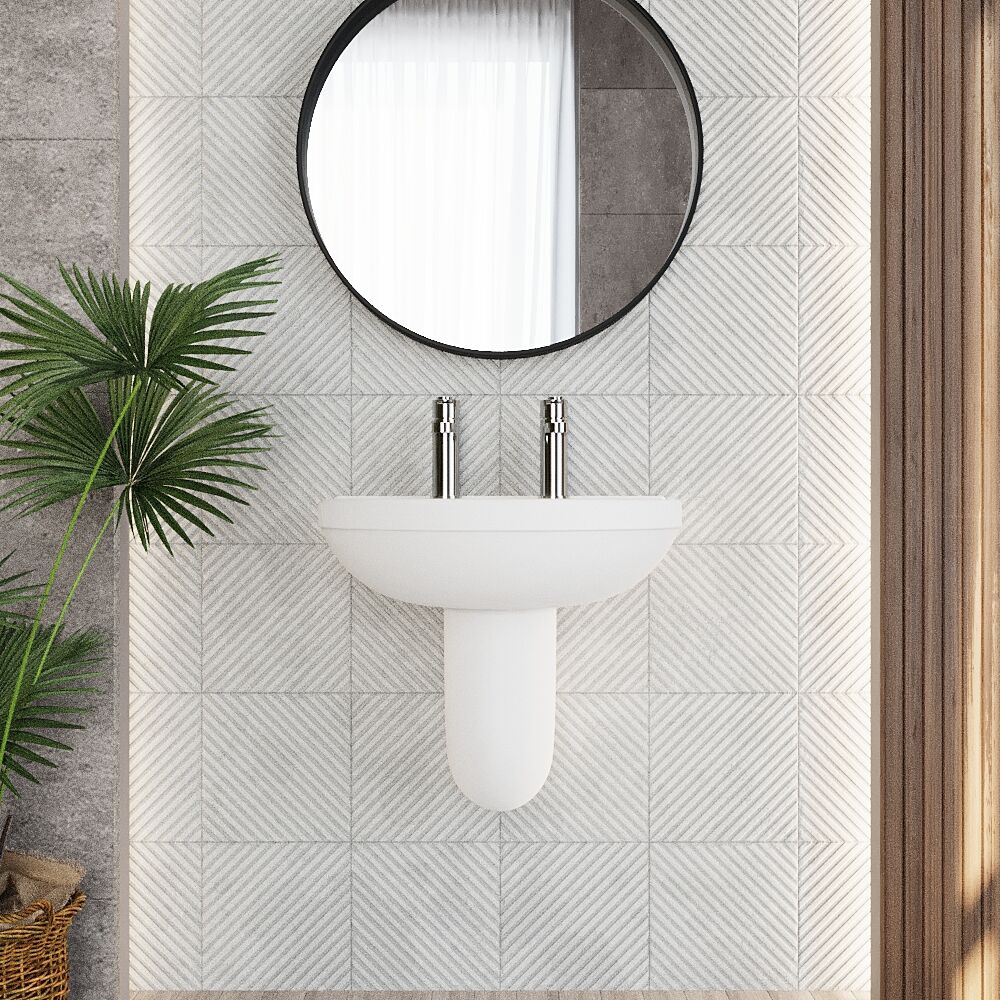 [BCVT005] Churnet Modern White Soft Round Semi Pedestal Bathroom Basin - 1 or 2 Tap Hole (555mm) - Lifestyle 1