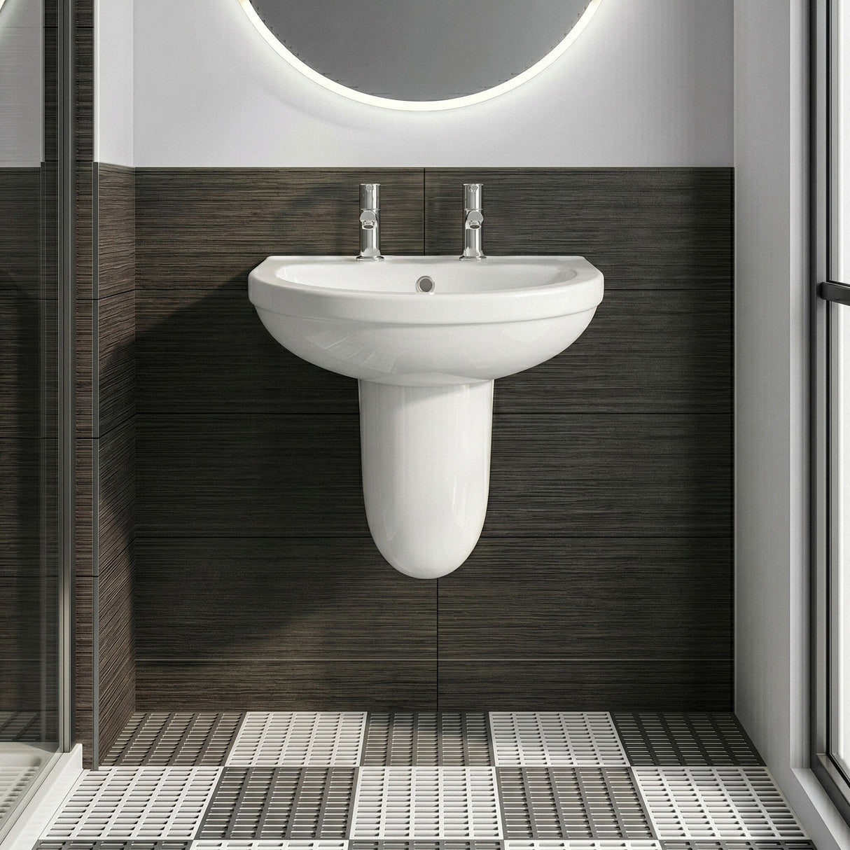 [BCVT005] Churnet Modern White Soft Round Semi Pedestal Bathroom Basin - 1 or 2 Tap Hole (555mm) - Silo