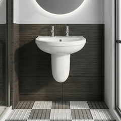 [BCVT005] Churnet Modern White Soft Round Semi Pedestal Bathroom Basin - 1 or 2 Tap Hole (555mm) - Silo