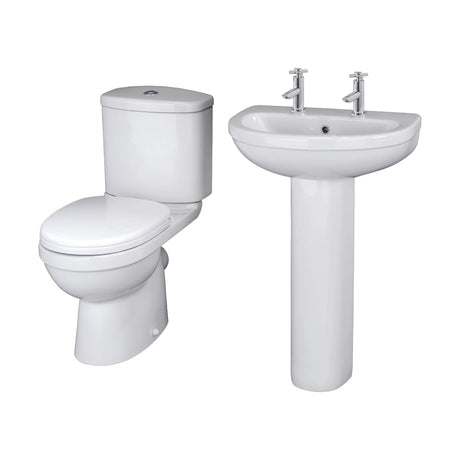 [BCVT008] Churnet Ceramic Bathroom Bundle - Toilet Pan with Cistern, Soft-Close Seat & 550mm Basin with Full or Semi Pedestal (1TH or 2TH) - Cutout
