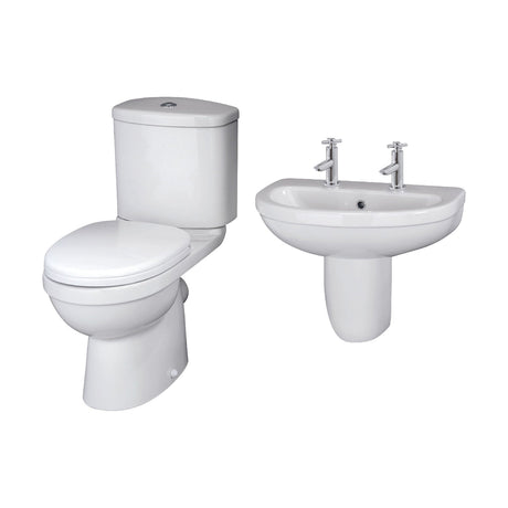 [BCVT009] Churnet Ceramic Bathroom Bundle - Toilet Pan with Cistern, Soft-Close Seat & 550mm Basin with Full or Semi Pedestal (1TH or 2TH) - Cutout