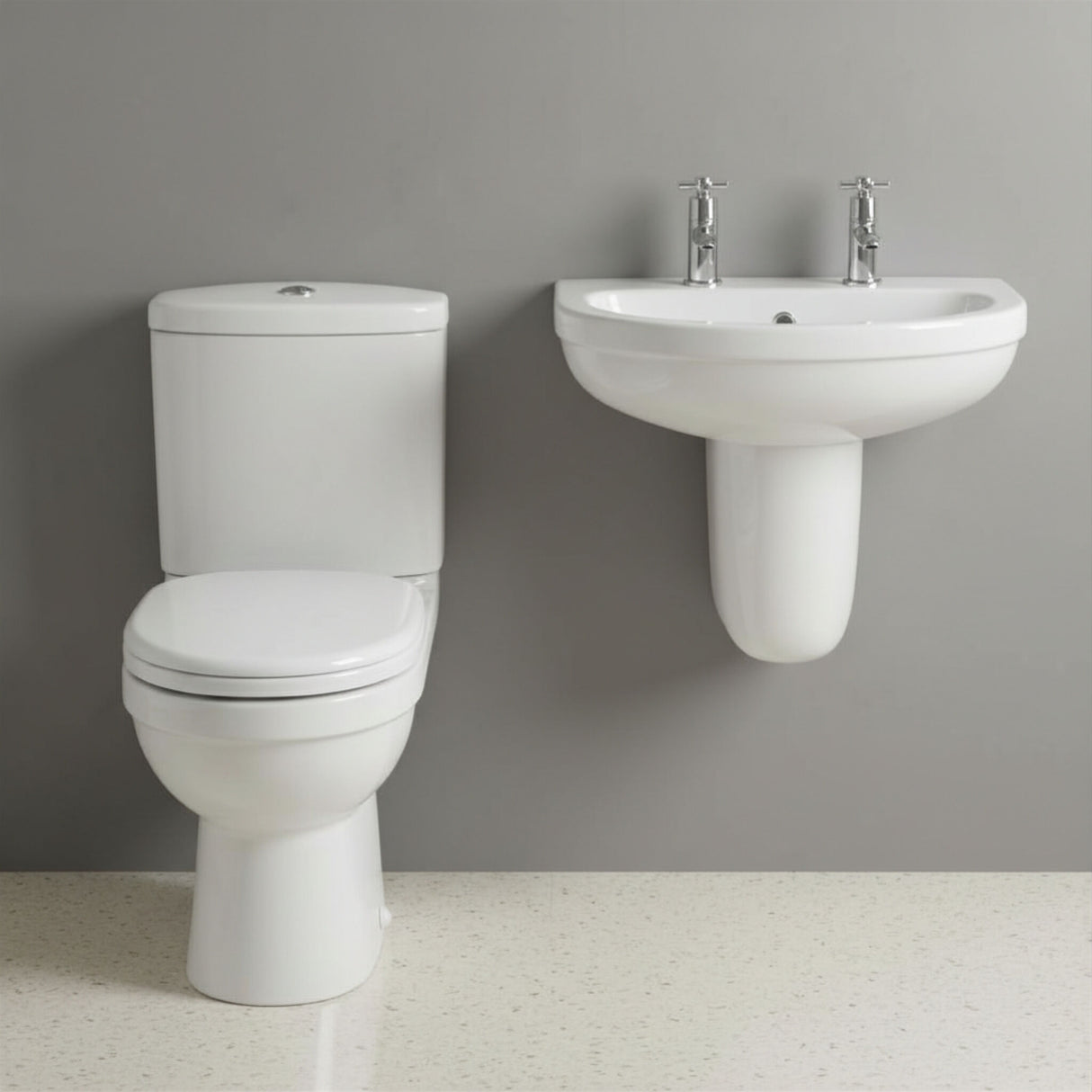 [BCVT009] Churnet Ceramic Bathroom Bundle - Toilet Pan with Cistern, Soft-Close Seat & 550mm Basin with Full or Semi Pedestal (1TH or 2TH) - Silo