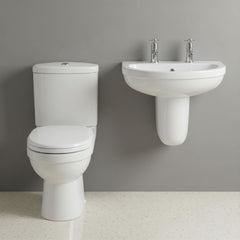 [BCVT009] Churnet Ceramic Bathroom Bundle - Toilet Pan with Cistern, Soft-Close Seat & 550mm Basin with Full or Semi Pedestal (1TH or 2TH) - Silo