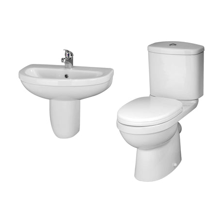 [BCVT010] Churnet Ceramic Bathroom Bundle - Toilet Pan with Cistern, Soft-Close Seat & 550mm Basin with Full or Semi Pedestal (1TH or 2TH) - Cutout