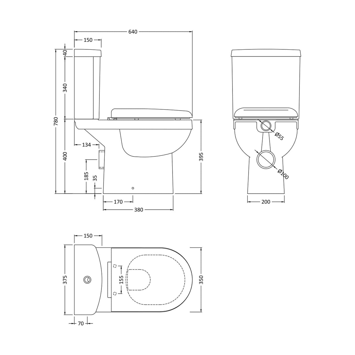 [BCVT250] Balterley Vito Pan Cistern and Soft Close Seat 780mm x 375mm x 640mm - White - Technical Drawing