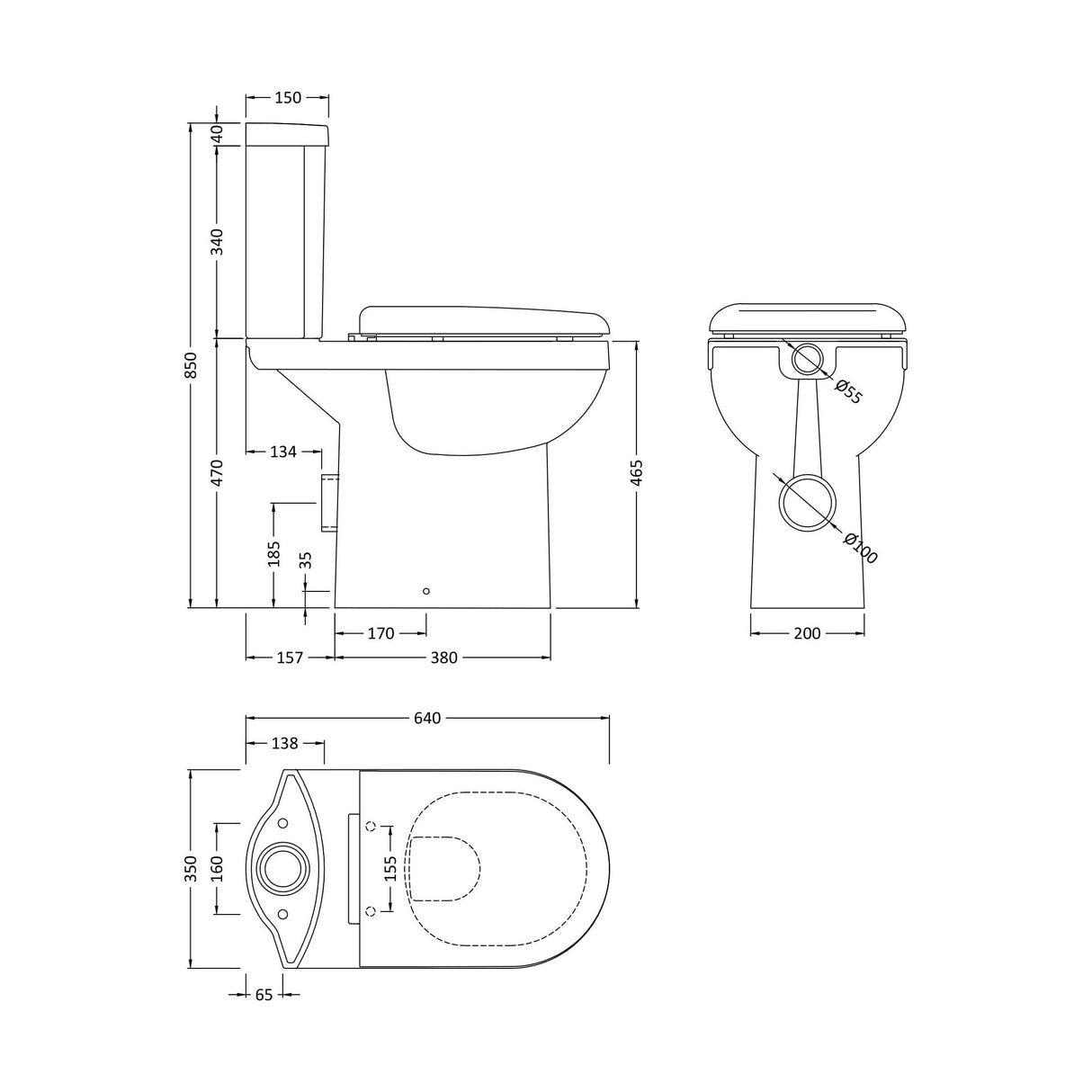[BCVT251] Comfort Height Pan & Cistern  - 850mm x 350mm x 640mm - Technical Drawing