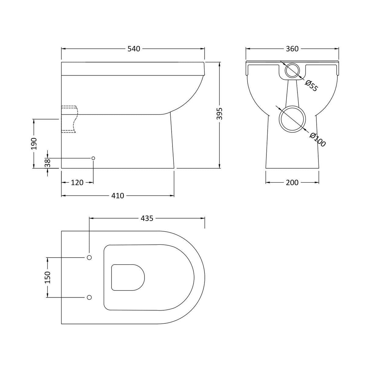 [BCVT286P] Round Back to Wall Toilet Pan   - 395mm x 360mm x 540mm - Technical Drawing