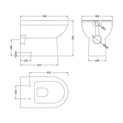 [BCVT286P] Round Back to Wall Toilet Pan   - 395mm x 360mm x 540mm - Technical Drawing