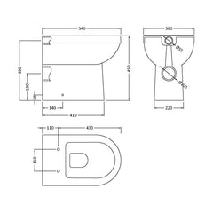 [BCVT296P] Comfort Height Back To Wall Toilet Pan   - 440mm x 360mm x 540mm - Technical Drawing