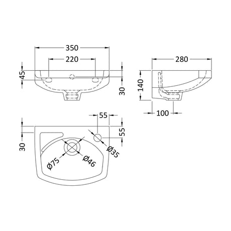 [BCWB832] Balterley Adley Modern Wall Hung Ceramic Basin with Overflow and Tap Hole, 350mm - White - Technical Drawing