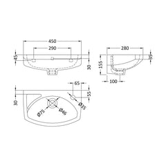 [BCWB842] Balterley Adley Cloakroom Wall Hung 1 Tap Hole Oval Ceramic Basin with Overflow, 450mm - White - Technical Drawing