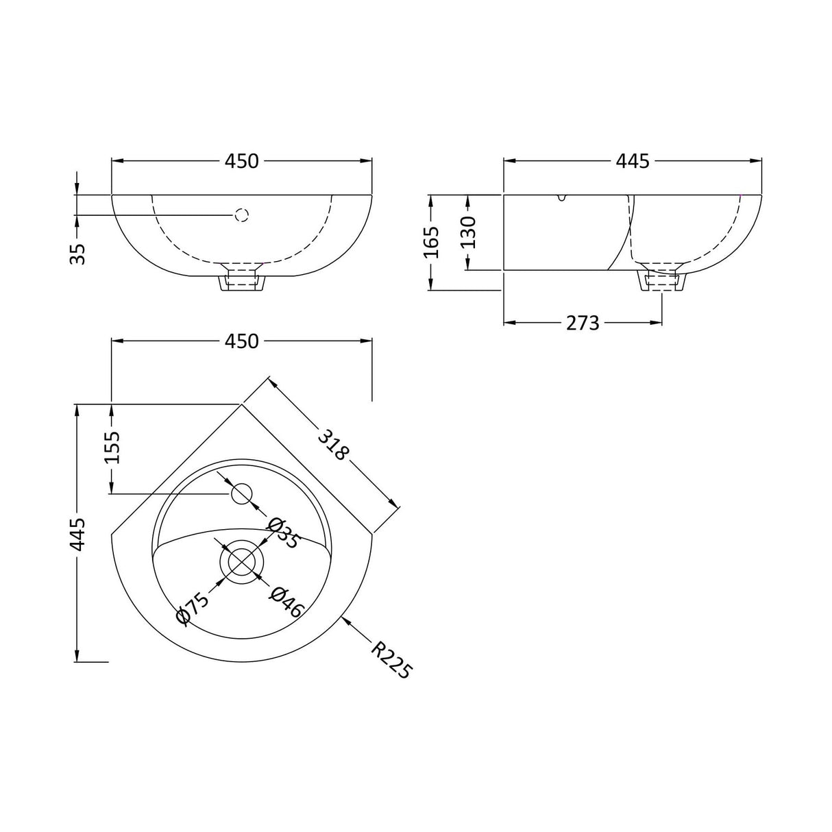 [BCWB862] Balterley Adley Cloakroom Wall Hung Corner 1 Tap Hole Ceramic Basin with Overflow 450mm - White - Technical Drawing