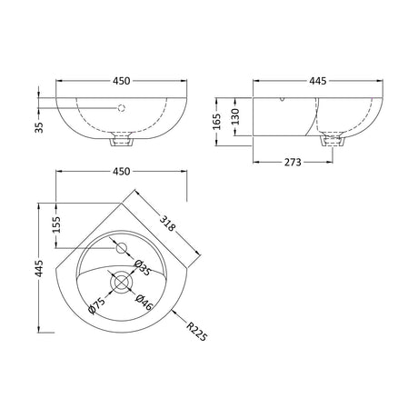 [BCWB862] Balterley Adley Cloakroom Wall Hung Corner 1 Tap Hole Ceramic Basin with Overflow 450mm - White - Technical Drawing