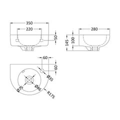 [BCWB932] Balterley Adley Cloakroom Wall Hung 1 Tap Hole Round Ceramic Basin with Overflow, 350mm - White - Technical Drawing
