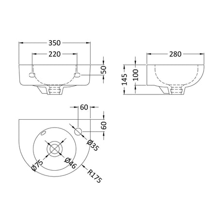 [BCWB932] Balterley Adley Cloakroom Wall Hung 1 Tap Hole Round Ceramic Basin with Overflow, 350mm - White - Technical Drawing