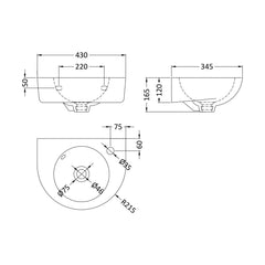 [BCWB942] Balterley Adley Cloakroom Wall Hung 1 Tap Hole Round Ceramic Basin with Overflow, 450mm - White - Technical Drawing
