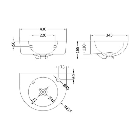 [BCWB942] Balterley Adley Cloakroom Wall Hung 1 Tap Hole Round Ceramic Basin with Overflow, 450mm - White - Technical Drawing