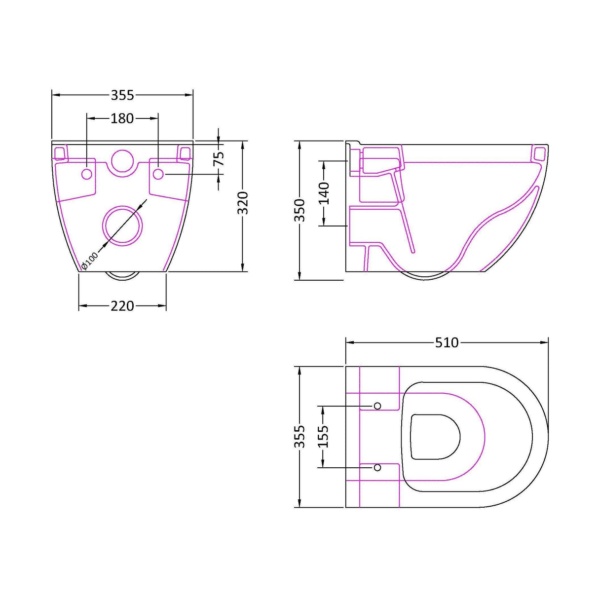 [BCWP900CP] Balterley Contemporary Bathroom Round Toilet Pan, 350mm x 355mm - White - Technical Drawing