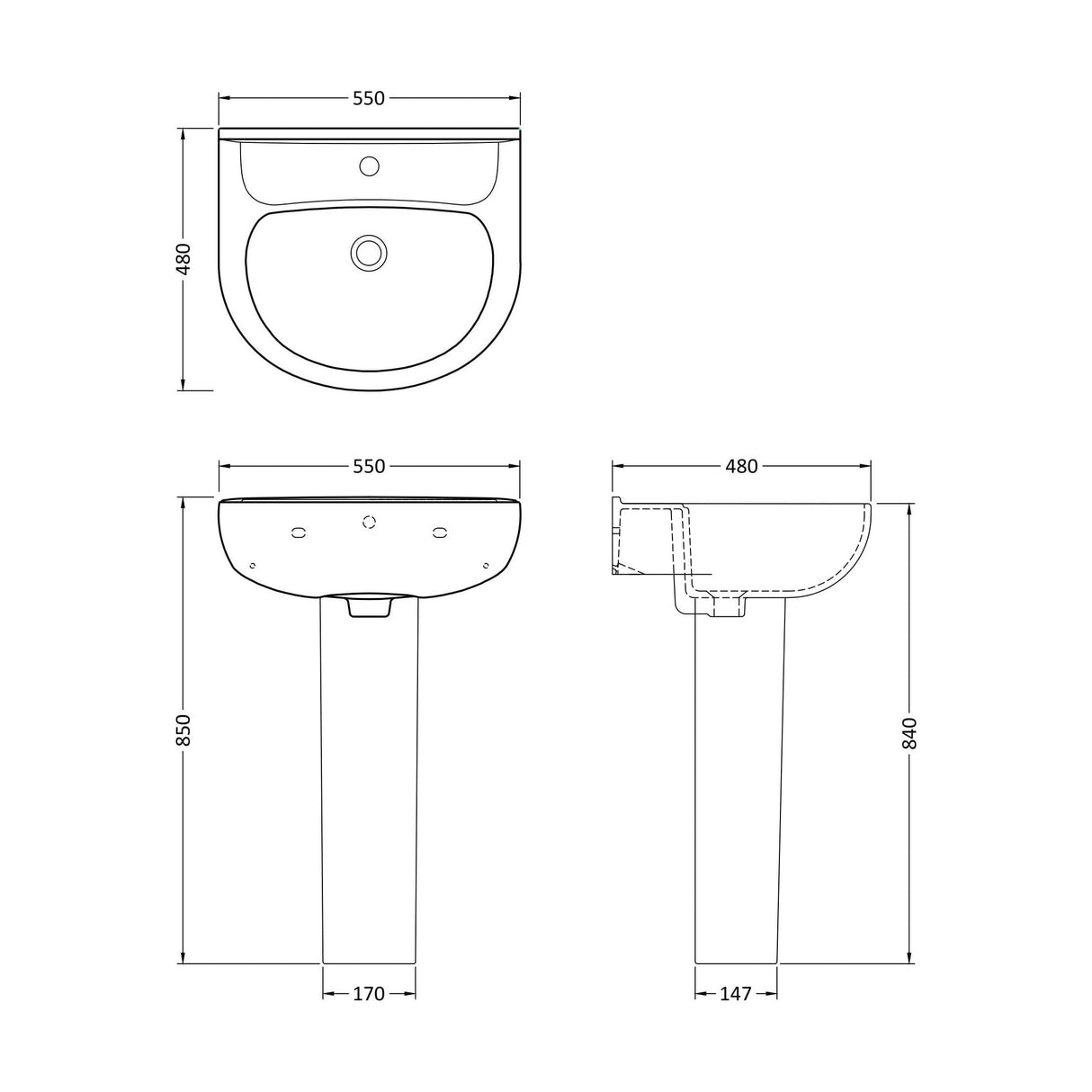 [BCZA06A] Sleek Modern White 550mm Round Bathroom 2 Tap Hole Basin & Pedestal - Technical Drawing