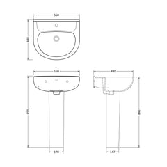[BCZA06A] Sleek Modern White 550mm Round Bathroom 2 Tap Hole Basin & Pedestal - Technical Drawing