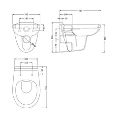 [BCZAD001] Adley Wall Hung Ceramic Toilet Pan & Soft Close Seat - 535mm - Balterley - Technical Drawing