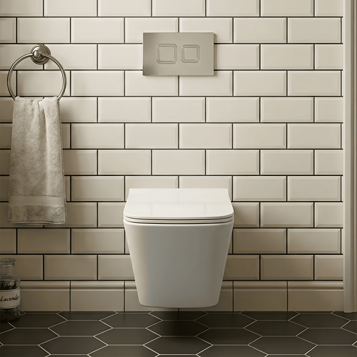 [BCZFR002] Faron Soft Square Wall Hung Toilet Pan, Soft Close Seat & Concealed Cistern with Square Push Button Plate, 325mm - Balterley - Silo