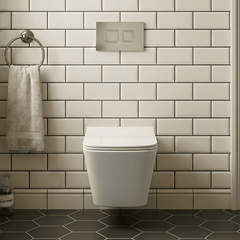 [BCZFR002] Faron Soft Square Wall Hung Toilet Pan, Soft Close Seat & Concealed Cistern with Square Push Button Plate, 325mm - Balterley - Silo