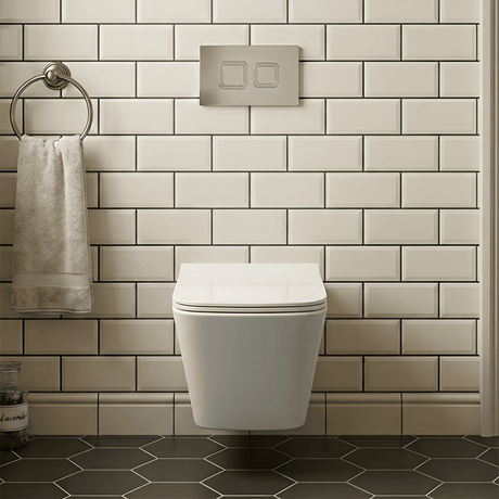 [BCZFR002] Faron Soft Square Wall Hung Toilet Pan, Soft Close Seat & Concealed Cistern with Square Push Button Plate, 325mm - Balterley - Silo