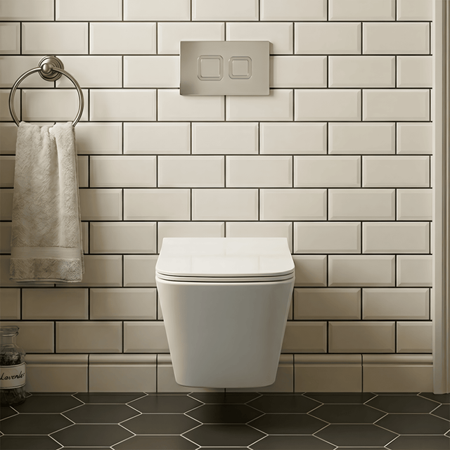 [BCZFR002] Faron Soft Square Wall Hung Toilet Pan, Soft Close Seat & Concealed Cistern with Square Push Button Plate, 325mm - Balterley - Silo