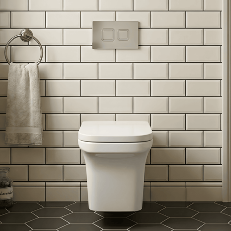 [BCZFR003] Faron Soft Square Wall Hung Toilet Pan, Soft Close Seat & Concealed Cistern with Square Push Button Plate, 390mm - Balterley - Silo