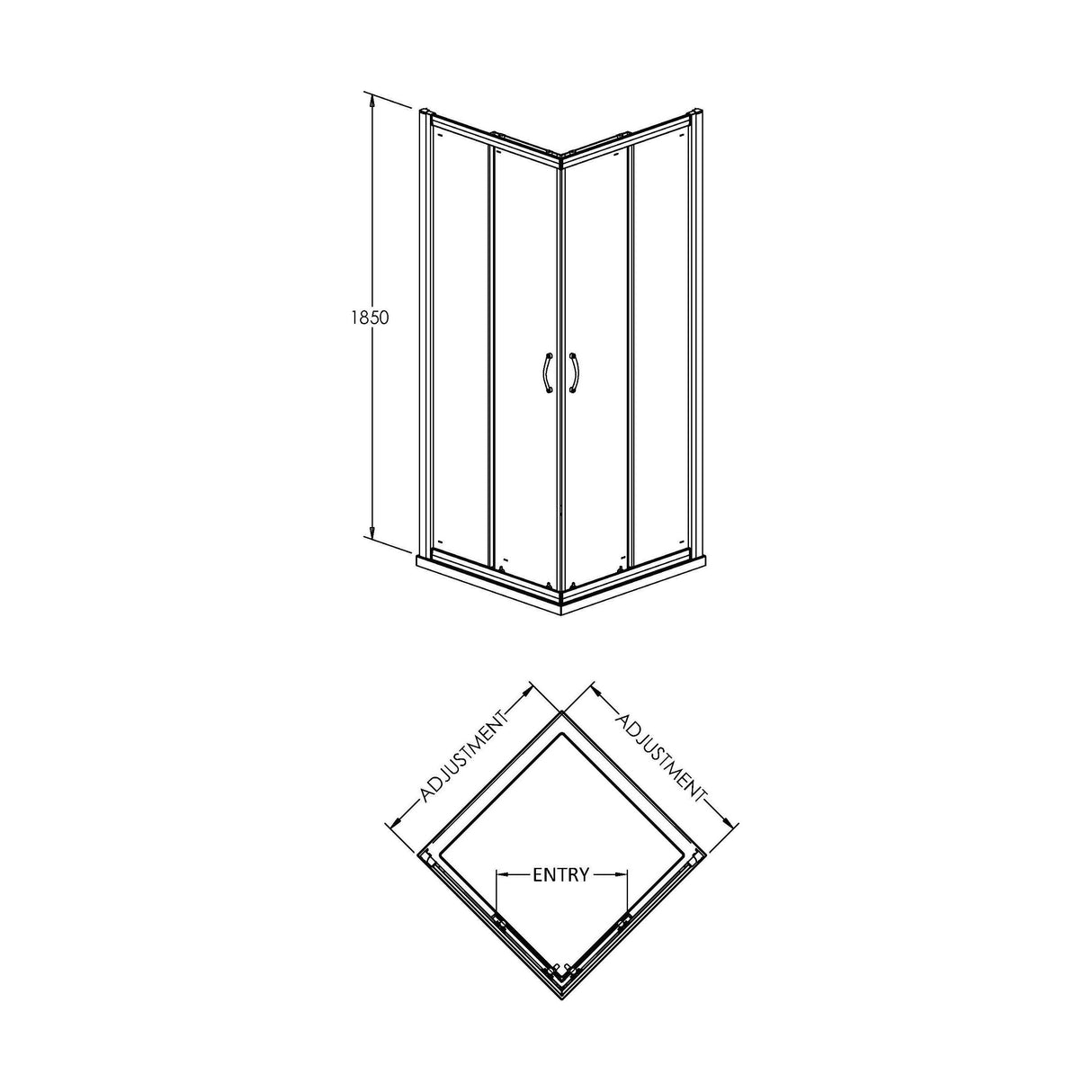 [BE5MCE76] Contemporary 5mm Toughened Safety Glass Corner Entry Shower Enclosure - 760mm - Chrome - Balterley - Technical Drawing