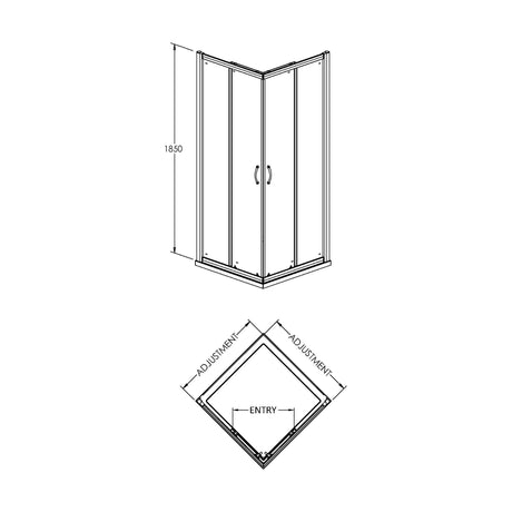[BE5MCE76] Contemporary 5mm Toughened Safety Glass Corner Entry Shower Enclosure - 760mm - Chrome - Balterley - Technical Drawing