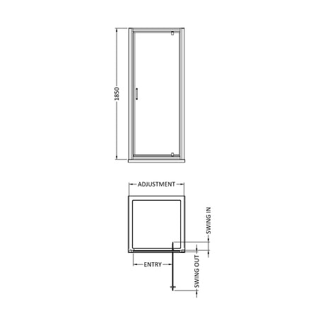 [BE5MPD9] Contemporary 5mm Toughened Safety Glass Pivot Shower Door - 900mm - Chrome - Balterley - Technical Drawing