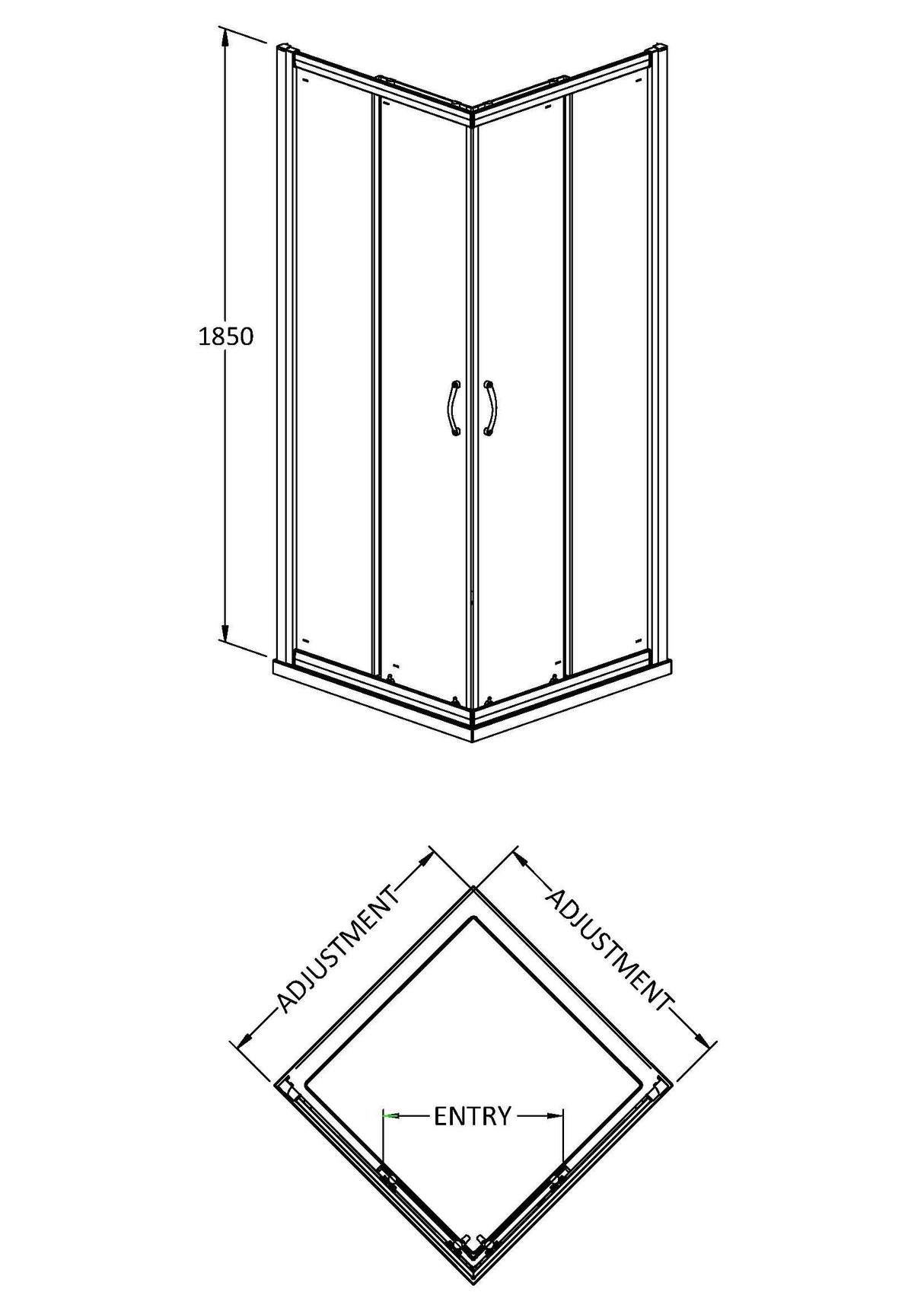 [BE6MCE76] Corner Entry Shower Door 6mm Glass - Choice of Size - Technical Drawing