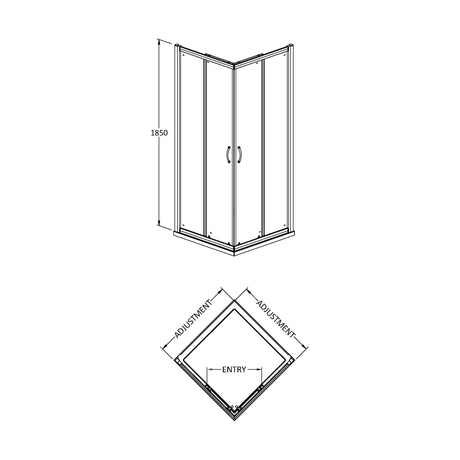 [BE6MCE80] Contemporary Square Corner Entry Shower Enclosure - 6mm Safety Glass - 800mm - Chrome - Technical Drawing