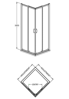 [BE6MCE90] Corner Entry Shower Door 6mm Glass - Choice of Size - Technical Drawing
