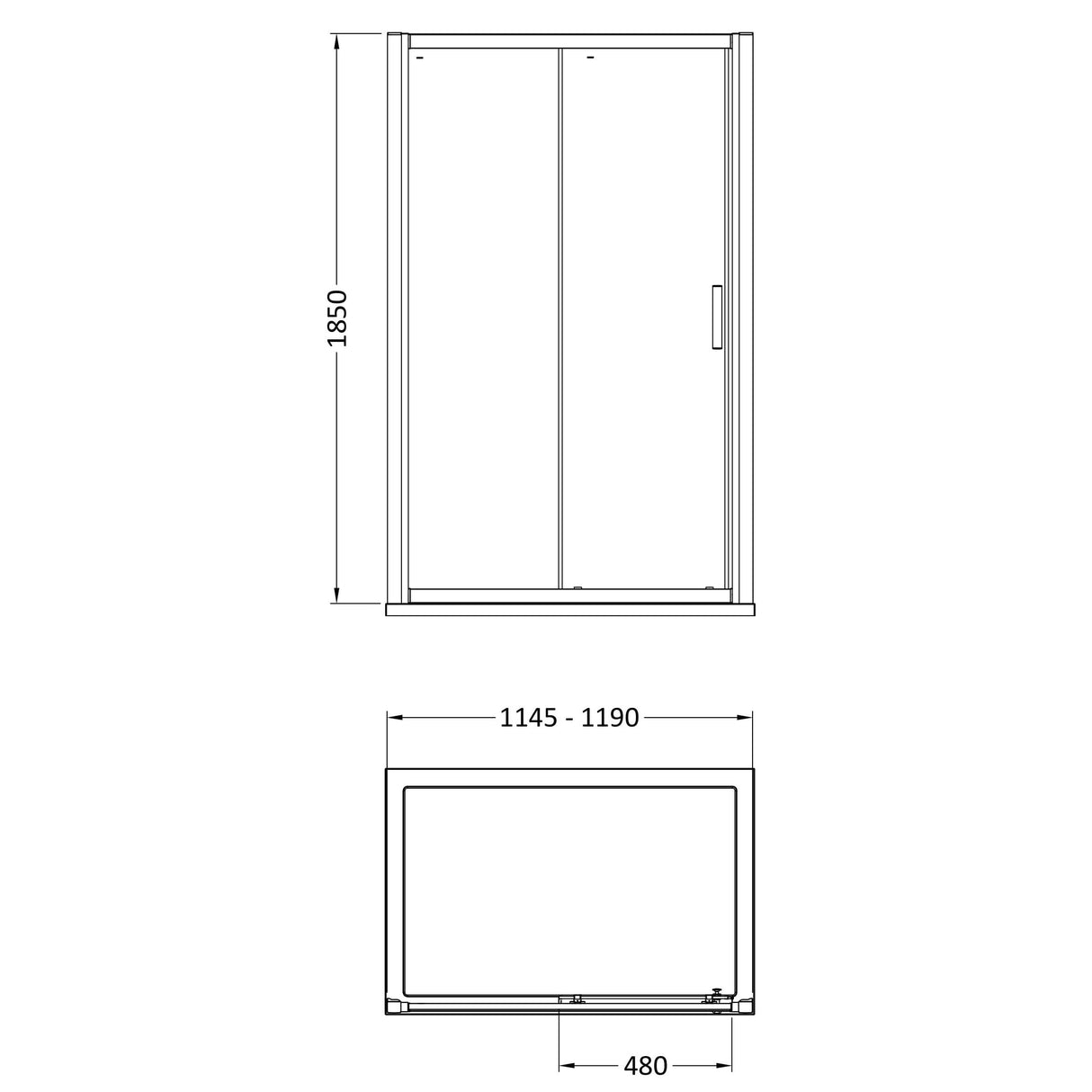 [BE6MSL12] Single Sliding Shower Door, 6mm Toughened Safety Glass, Choice of Size - Technical Drawing