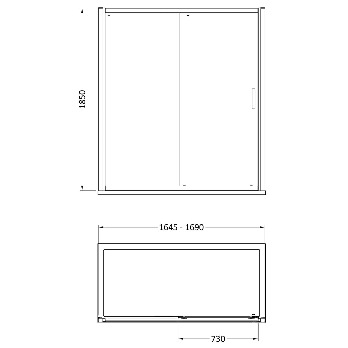[BE6MSL17] Single Sliding Shower Door, 6mm Toughened Safety Glass, Choice of Size - Technical Drawing