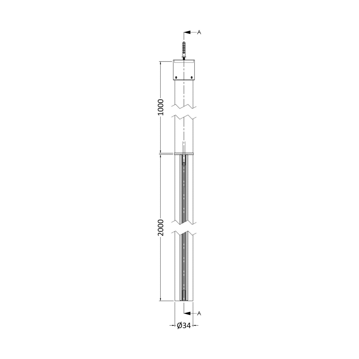 [BEAC006] Balterley Wetroom Accessories Ceiling Post - Satin Black - Technical Drawing
