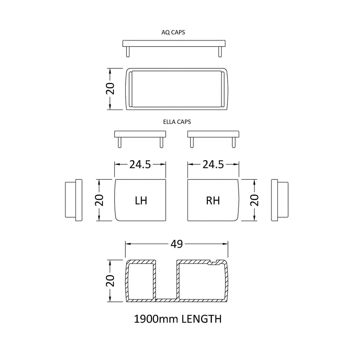 [BEAC190] 1900mm Profile Extension Kit - Technical Drawing