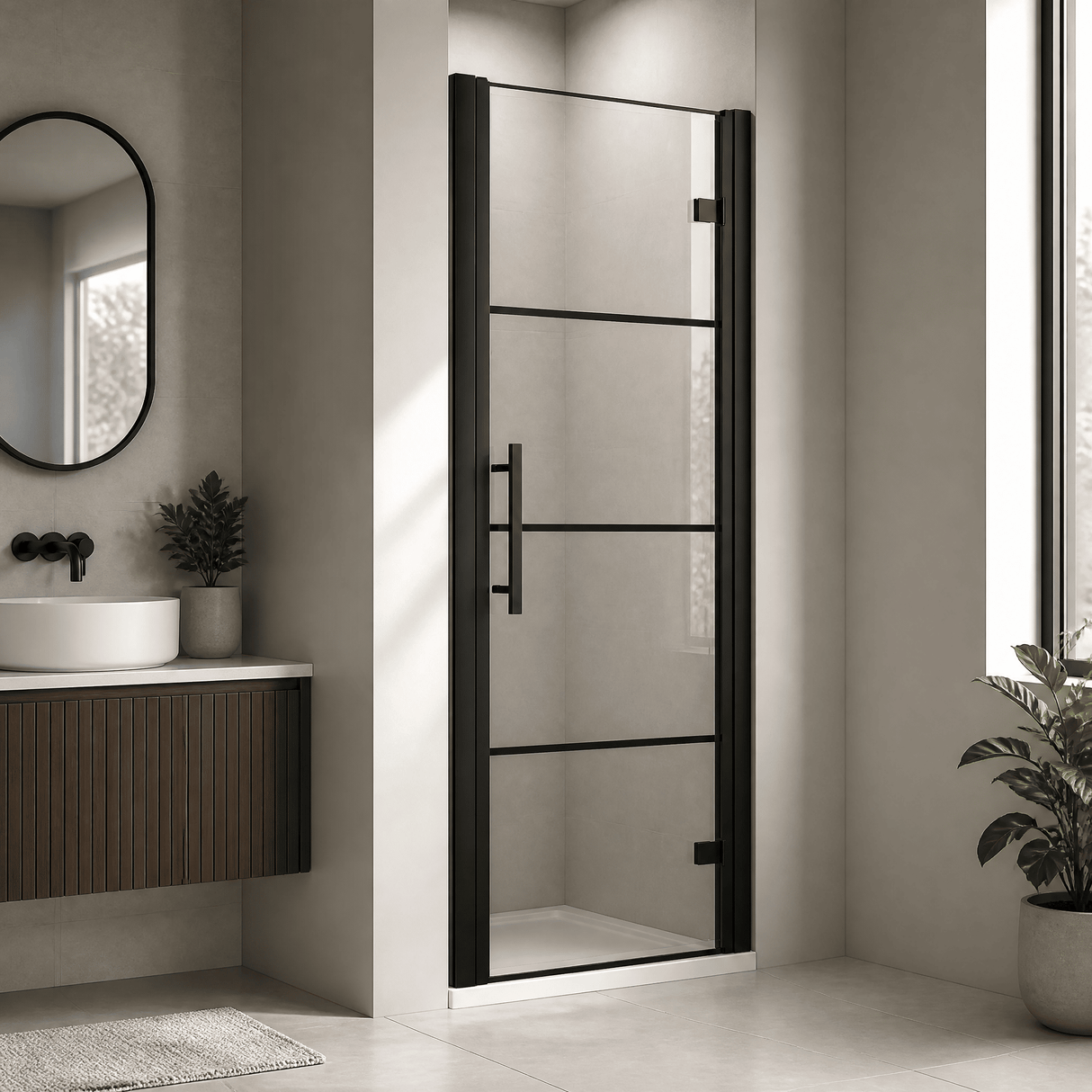 [BEADHD80] Kinver 8mm Toughened Safety Glass Hinged Shower Door, Black - Lifestyle 1