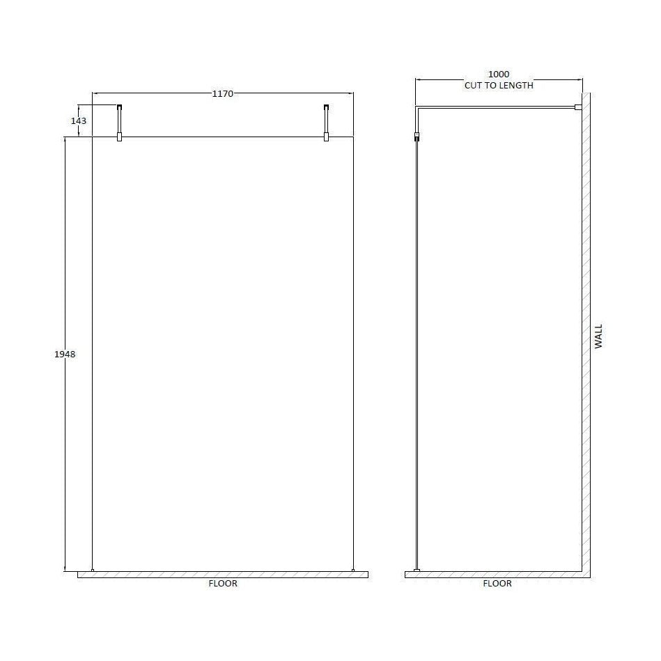 [BEAF1200CP] Balterley Contemporary Bathroom 8mm Glass Wetroom Screen with Arms & Feet, Chrome Finish, 1950 x 698 x 14mm - Technical Drawing