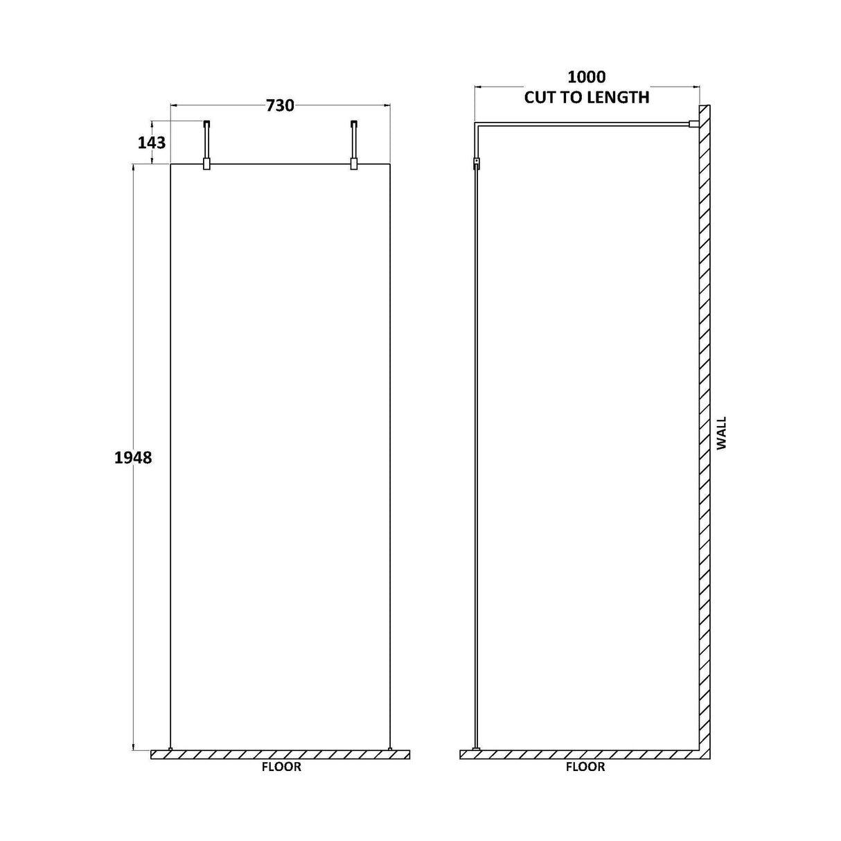 [BEAF760MB] Balterley Contemporary Bathroom 8mm Glass Wetroom Screen with Arms & Feet, Chrome Finish, 1950 x 698 x 14mm - Technical Drawing